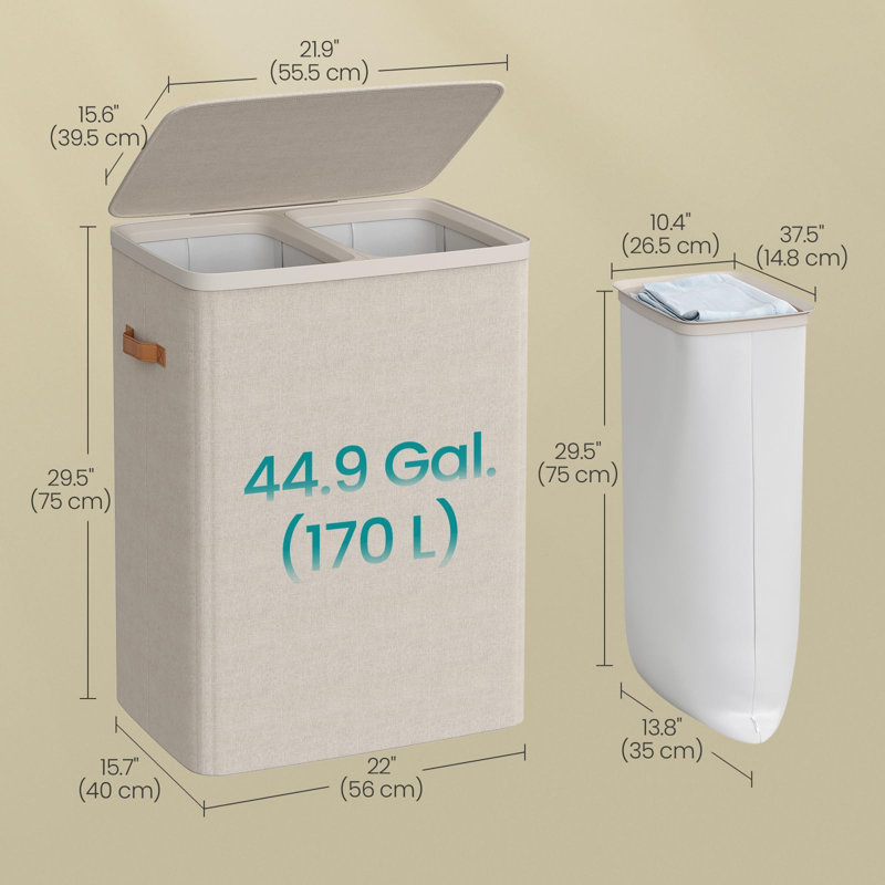 44.9 Gal Double Hamper With Lid, Dual Compartments, Removable Bags And Handles, Quick-Assembly Laundry Basket, Beige