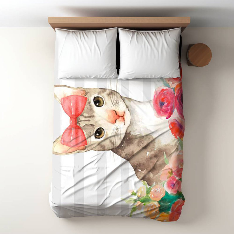 Housse de couette petit chat avec fleurs grises - Décoration de chambre à coucher