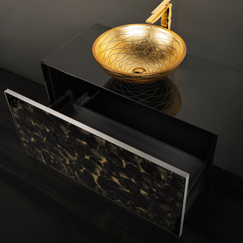 Meuble-lavabo mural de luxe en cristal Murano, 40", Noir et or