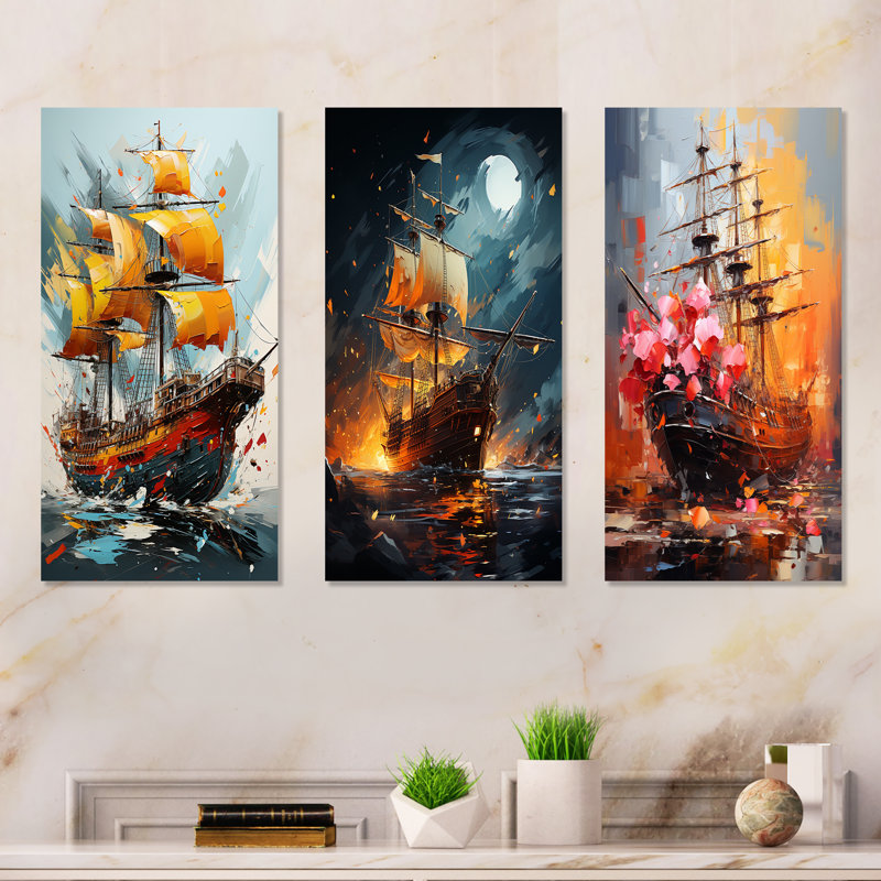 Golden Galleon Pirate Ship I - Ensemble de 3 décorations murales en métal bord de mer, H 28 po x l 36 po