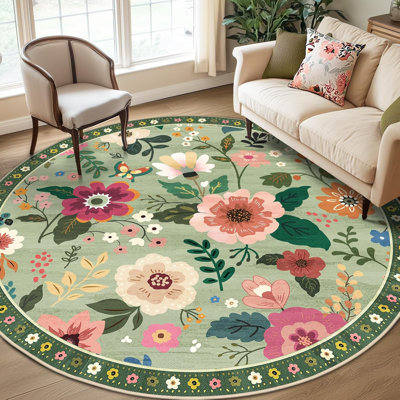Motif floral de 8 pi avec motif lavable Boho, tapis mignon, antidérapant, fleur, poils courts pour le salon, la chambre, la cuisine, le bureau, la ferme, vert clair