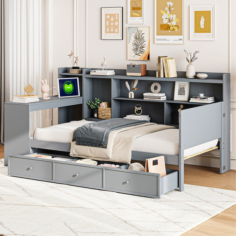 Gray Twin Daybed With 3 Large Drawers, Desk Equipped Ports - Pine Wood For Bedroom Convenience Wooden &, Gray, Twin