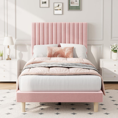 Twin Bed Frame with Adjustable Headboard, Velvet Upholstered Platform Twin Size Bed Frame, Vertical Channel Tufted, Strong Wooden Slats, No Box Spring Needed, Easy Assembly, Pink