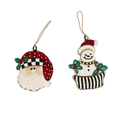 Holiday Beaded Santa and Snowman Ornaments, Set of 2