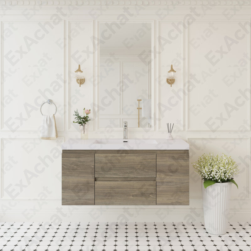 Meuble-lavabo mural 48 po avec lavabo, meuble-lavabo mural moderne avec lavabo à surface solide et tiroirs à fermeture en douceur, gris cendré