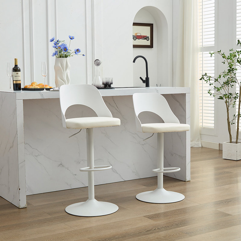 Bar Stools Set of 2 Modern White PU Counter Height Barstool, High Padded Swivel Adjustable Barstools with Back for Bar Counter and Kitchen Island