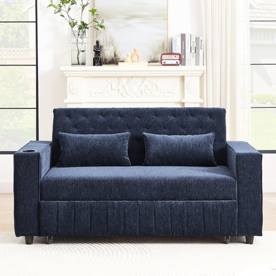 Lit escamotable réglable de 61,4 po, bleu avec cadre et porte-gobelets