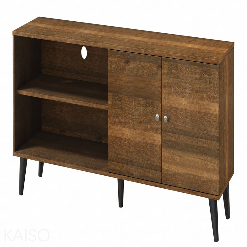 Meuble télé pour téléviseur de 63 po ou moins, avec 2 tablettes de rangement et 1 armoire, meuble audio-vidéo moderne, Brun