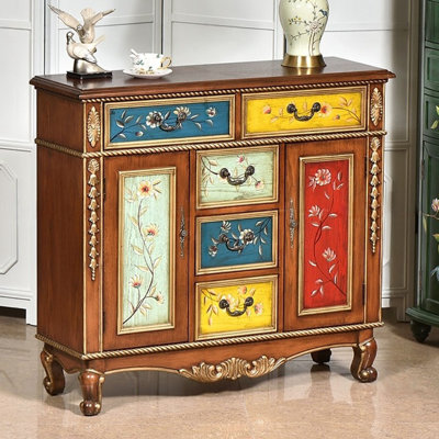 Vintage Hand-Painted 5-Drawer Double-Doors Cabinet