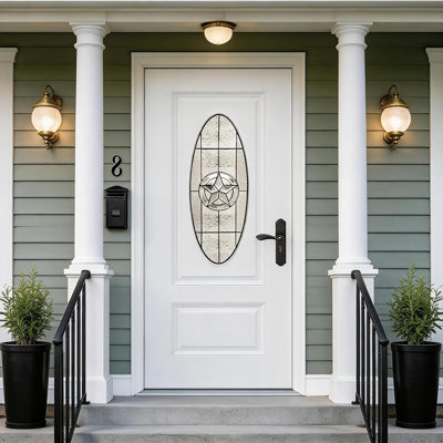 Porte avant en fibre de verre 36 po x 80 po avec cadre en PVC blanc 4/9 / 16 po, porte extérieure à gauche avec moulure de brique, peau lisse brossée avec verre décoratif ovale pour l'entrée de la maison, blanc