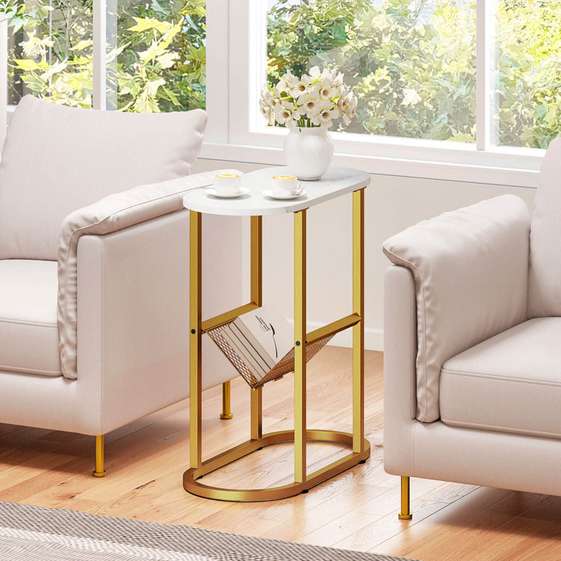 Table de bout 2 pièces avec plateau en faux marbre et porte-revues Cadre en métal robuste blanc, 2