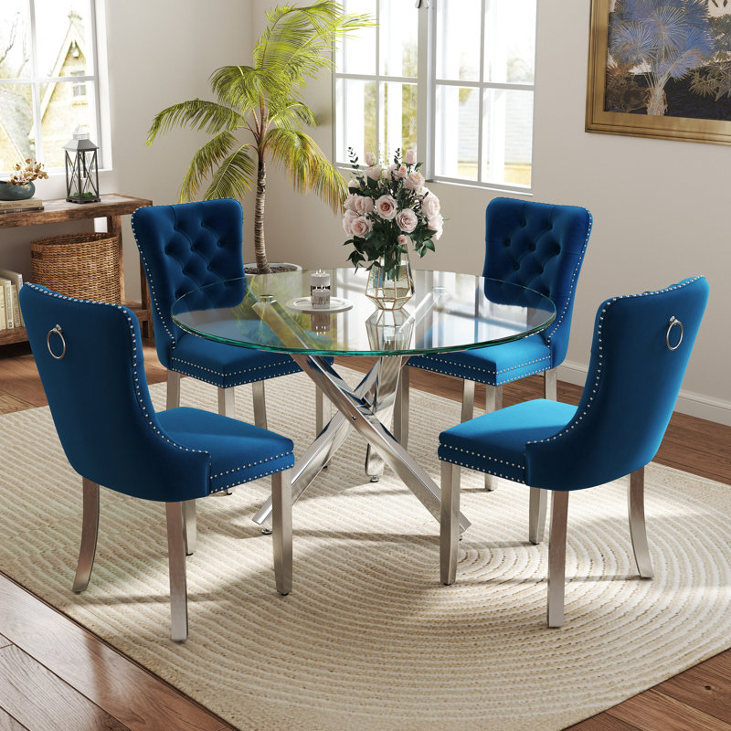 Ensemble de table de salle à manger 5 pièces, H 29,5 po x L 39 po x l 39 po, Bleu / Argent, Argent