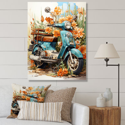 Turquoise Scooter Coastal Flowers - Scooter Canvas Art Print