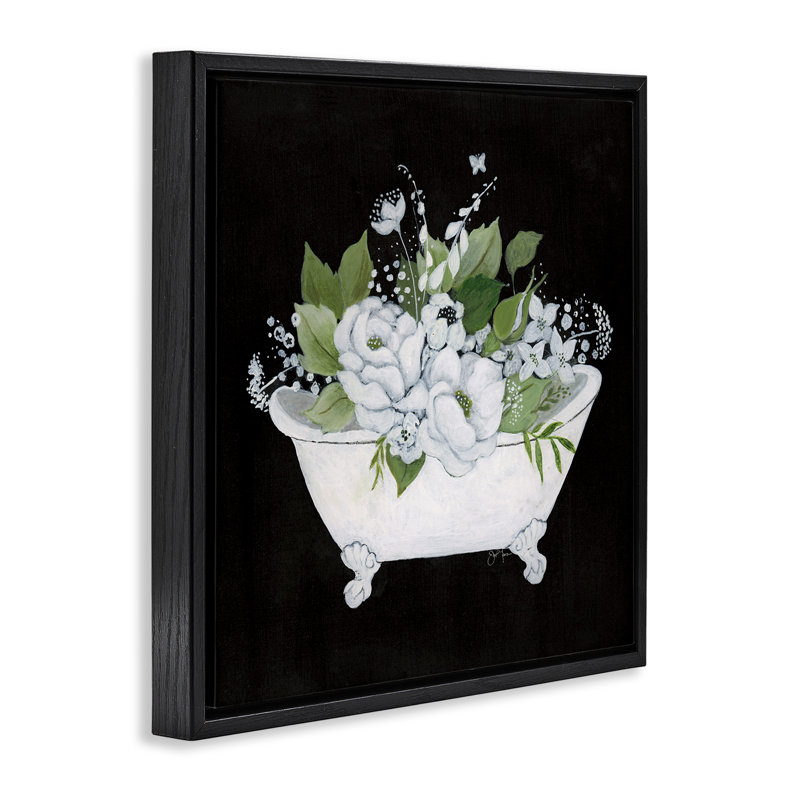 Charmante baignoire florale encadrée dorée, art mural par Janet Tava, Cadre flottant noir de jais, H 18 po x l 18 po