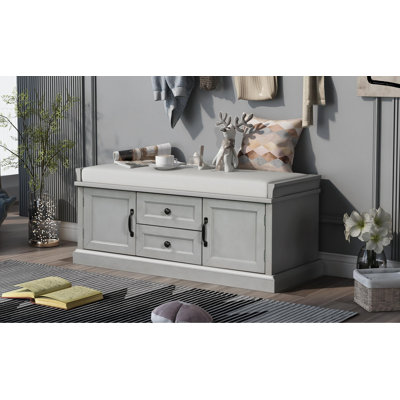Multi-Functional Storage Bench - 2 Drawers & 2 Cabinets Shoe Bench with Removable Cushion for Entryway & Living Room