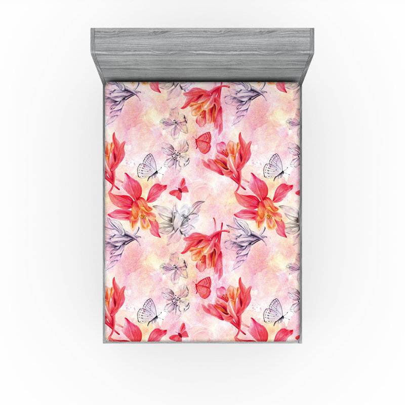 Drap-housse Ambesonne, Corail foncé, rose pâle / floral 1, Drap-housse très grand californien