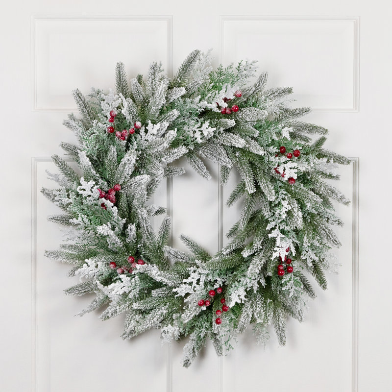 Real Touch Flocked Wind River Fir With Berries Artificial Christmas Wreath - 24" - Unlit