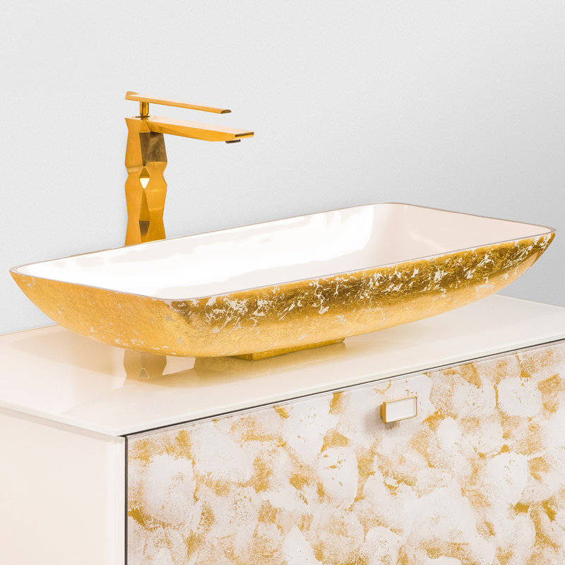 Nek 24.41'' L Bathroom Sink, White/Gold