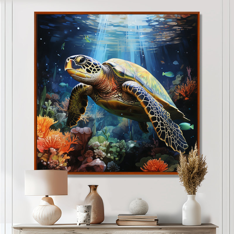 Tortue verte et bleue, animaux marins, art mural, H 16 po x l 16 po, Cadre flottant brun