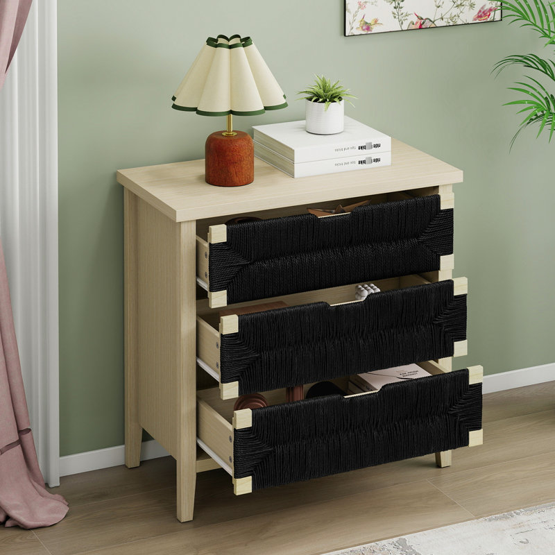 Hand - Woven Rope Decor 3 Drawer Storage Cabinet With Adjustable Shelves For Entryway, Modern Product Style, Natural Main Color, Particle Board + Material, Waterproof Surface Protection Decorated