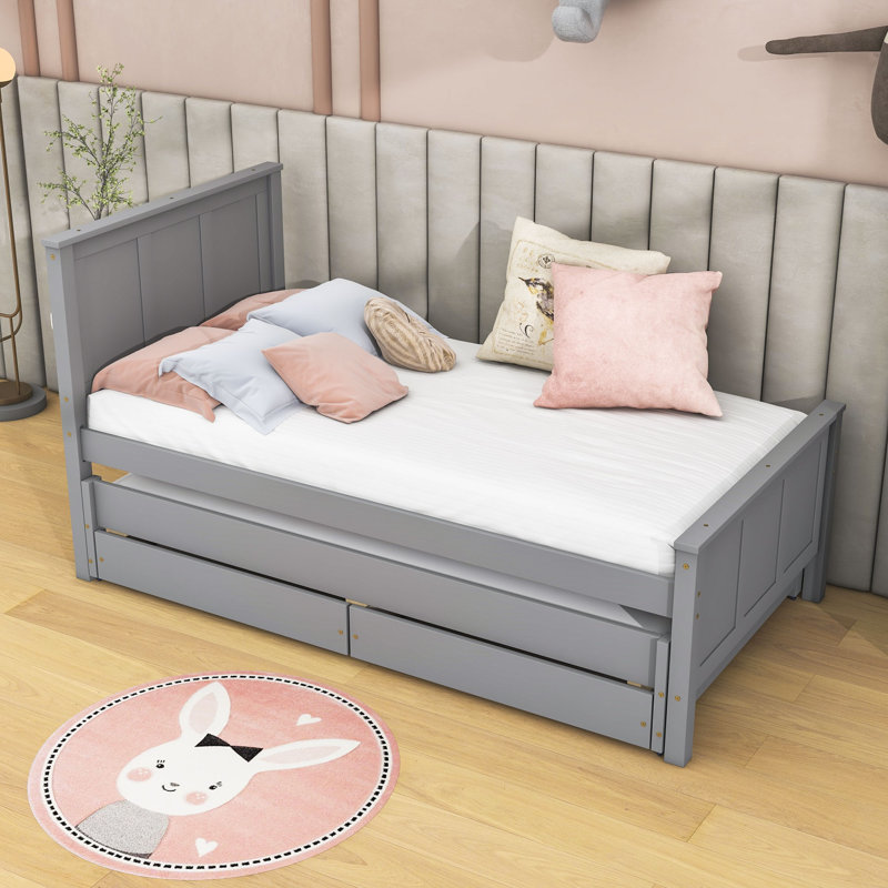 Lit plateforme simple en bois avec lit gigogne simple et tiroirs, gris