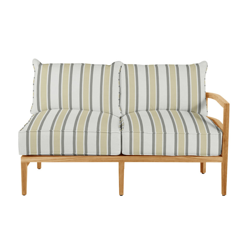 Santa Barbara 57.5" Wide Outdoor Teak Loveseat with Cushions, Rollo Lace InsideOut® Linen, Welt + Standard fill, Natural Teak