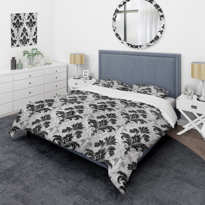 Ensemble de housse de couette transitionnel noir et blanc damassé Glamour IV