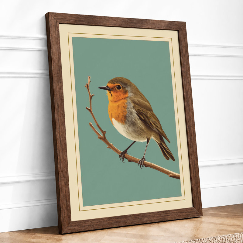 Perched Robin Botanical - Framed Print, Walnut, A3 - 42.0 x 29.7 cm