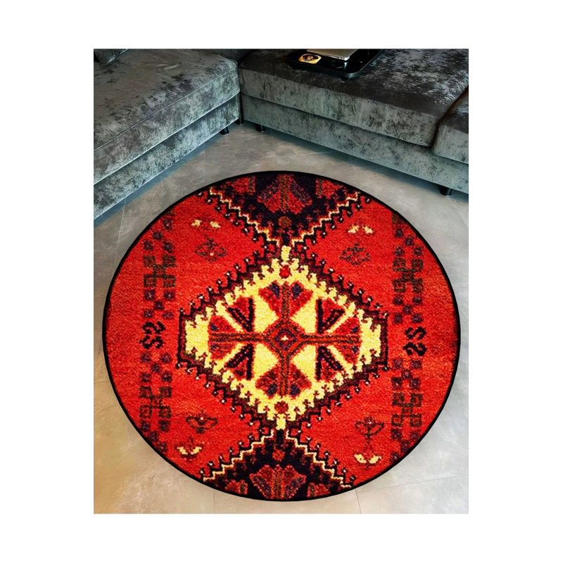 Red Theme Ethnic Motif Traditional Patterned Round Woven Base Vintage Decorative Carpet, Round 3'4"