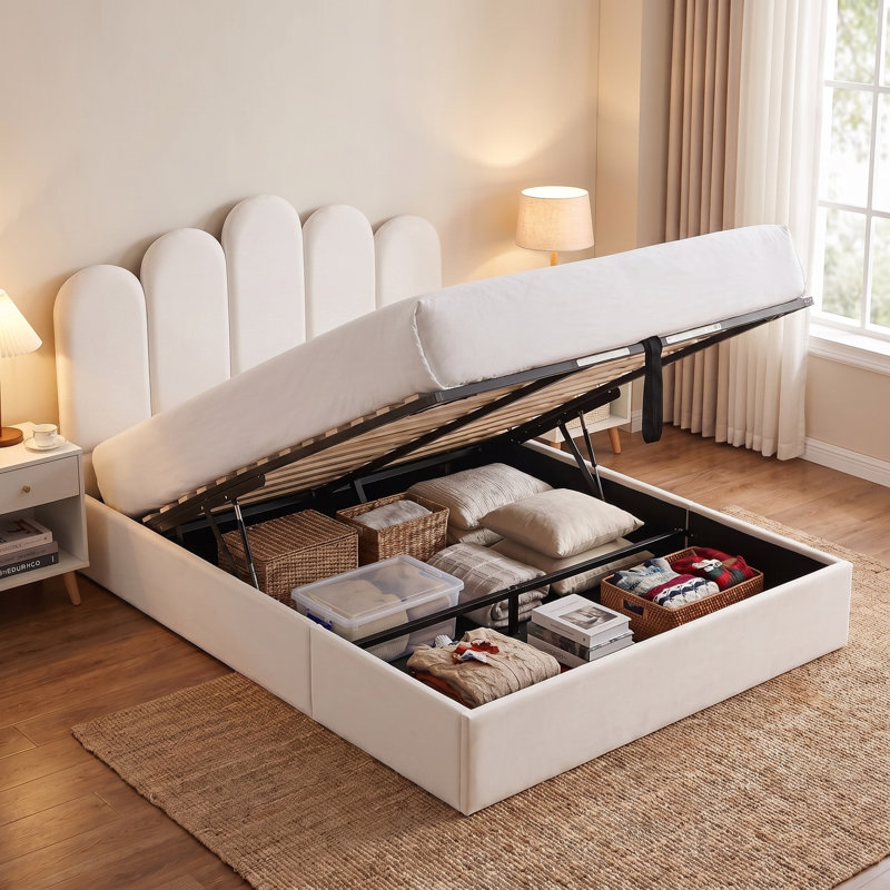 Lit plateforme glamour à panneaux festonnés en velours avec rangement intégré, Queen, crème, Grand, Crème
