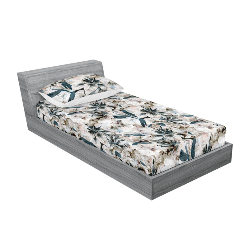 Ambesonne Fitted Sheet & Shams 3 Pcs Retro Botany Exotic Leaves Calking Pale Rust Seafoam Emerald, Dark Tan/Slate Blue Floral