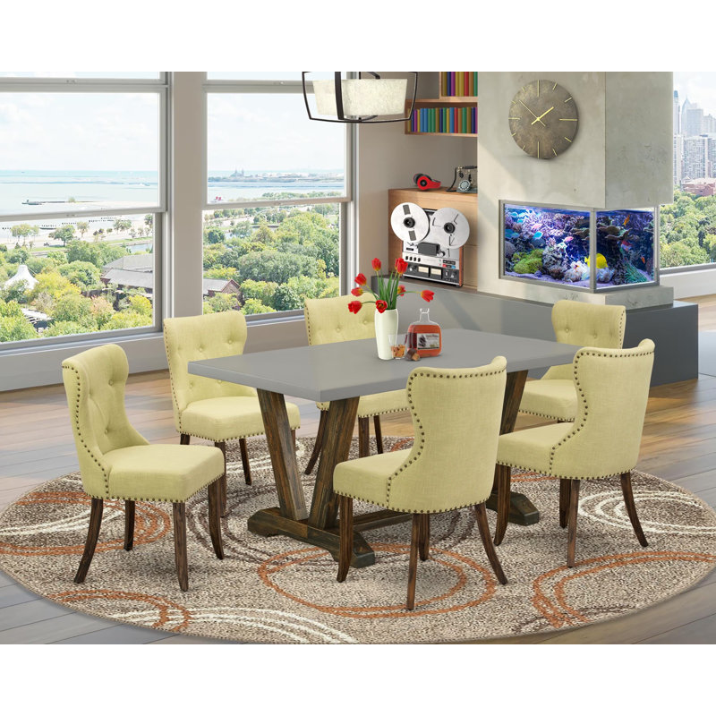 Ensemble de salle à manger 6 pièces comprenant une table de cuisine rectangulaire à pieds en V et 4 chaises rembourrées en lin Limelight avec banc, multicolore