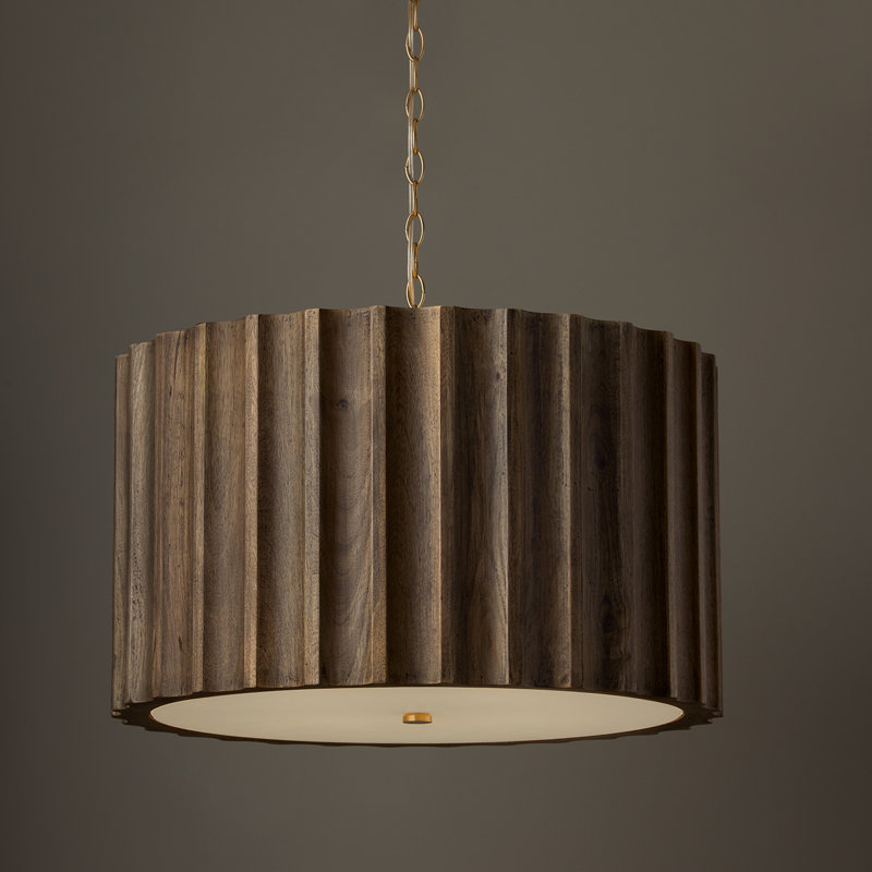 25.75" W x 15.75" H 4-Light Reversed-Flute Handcrafted Mango Wood Pendant in Nordic Wood with Matte Brass and White Glass Diffuser