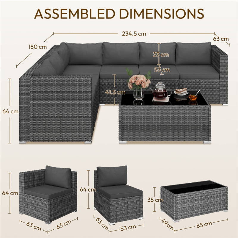  7-Piece Modular PE Rattan Patio Furniture ，6-Seat  Outdoor Sectional Sofa Set with Thick Cushions, Grey