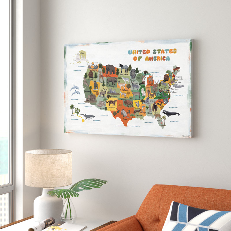 «Lagarde», carte colorée d'animaux des États-Unis sur toile tendue, H 24 po x l 36 po x 1,5 po