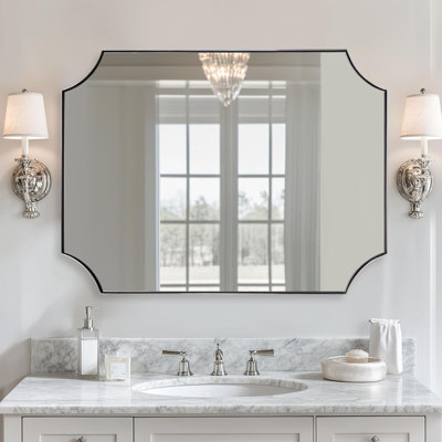 Tariro Contemporary Notched Corner Scalloped Rectangle Bathroom Vanity Mirror | Stainless Steel Frame