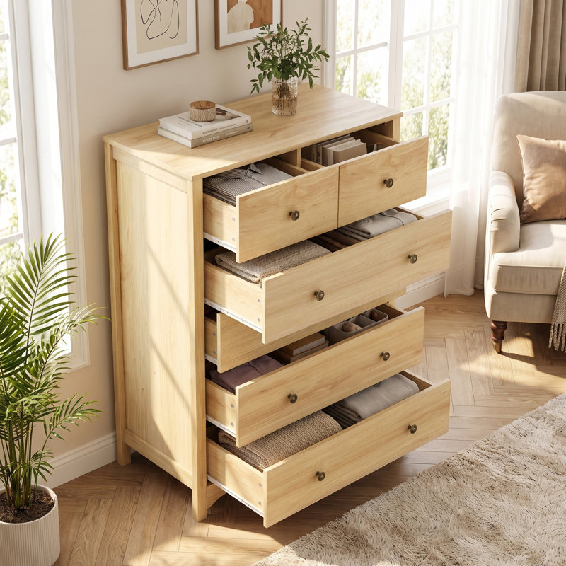 Commode haute 6 tiroirs avec base festonnée, Bois naturel
