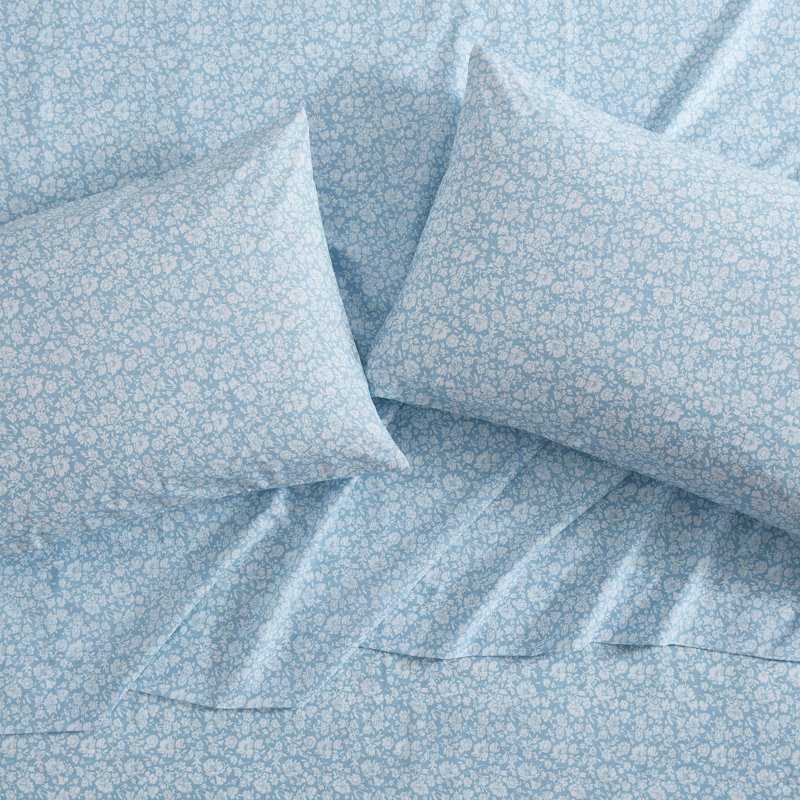 Blue Floral Cotton Percale Twin Sheet Set