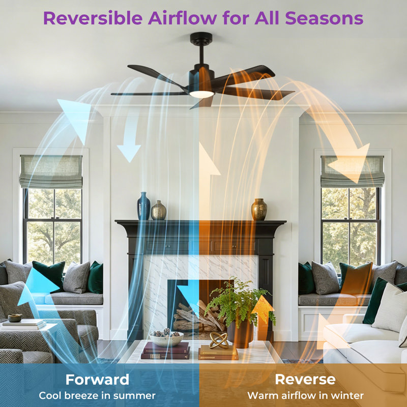 Karlena 52'' Modern Large Ceiling Fan With Led Lights And Remote Control, App, Timer, Memory, Black with Midnight Blade