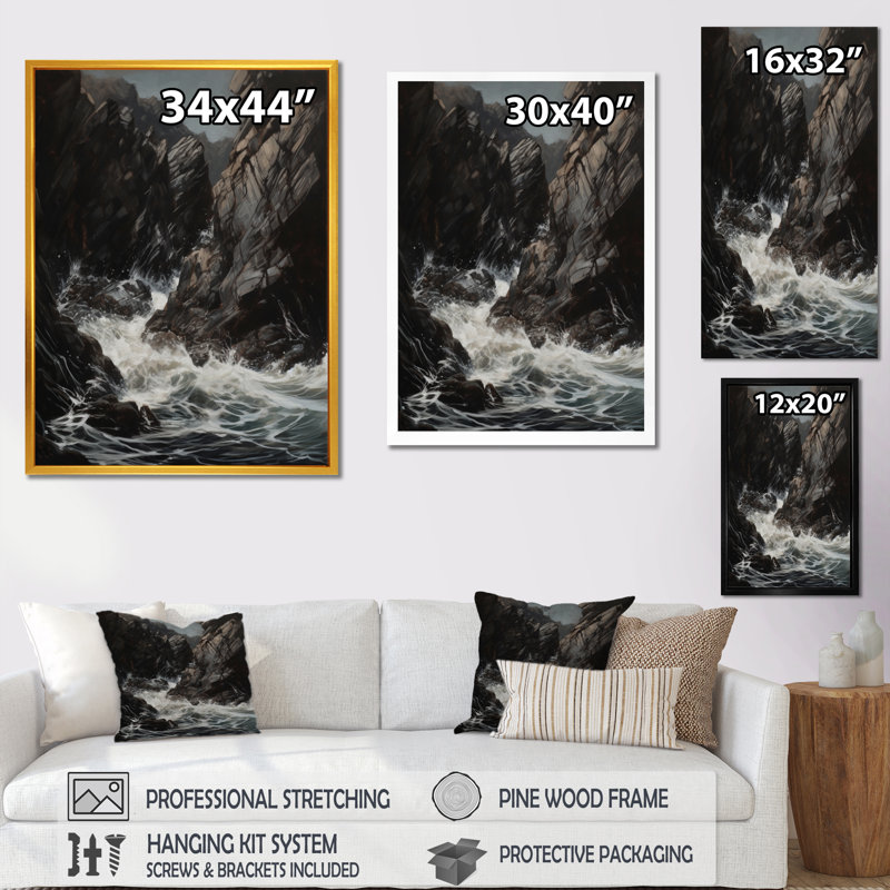 Crashing Rocky Coastline V, reproduction d'art sur toile, Cadre photo noir, H 20 po x l 12 po x P 1 po