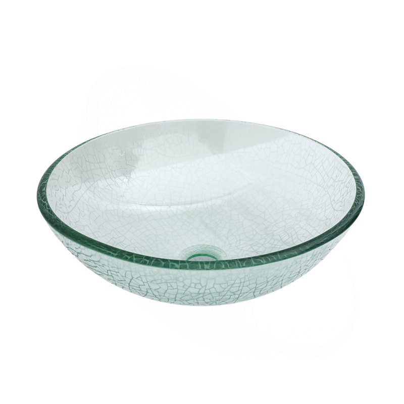 Lavabo de salle de bain en verre trempé craquelé avec bonde escamotable, bol rond en verre trempé transparent (sans robinet)