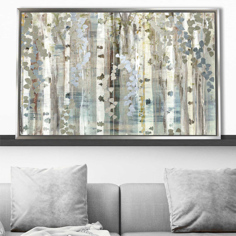 Birch Wood Meadow par - Peinture, H 31,5 po x l 51,5 po x P 2 po, Cadre flottant argent
