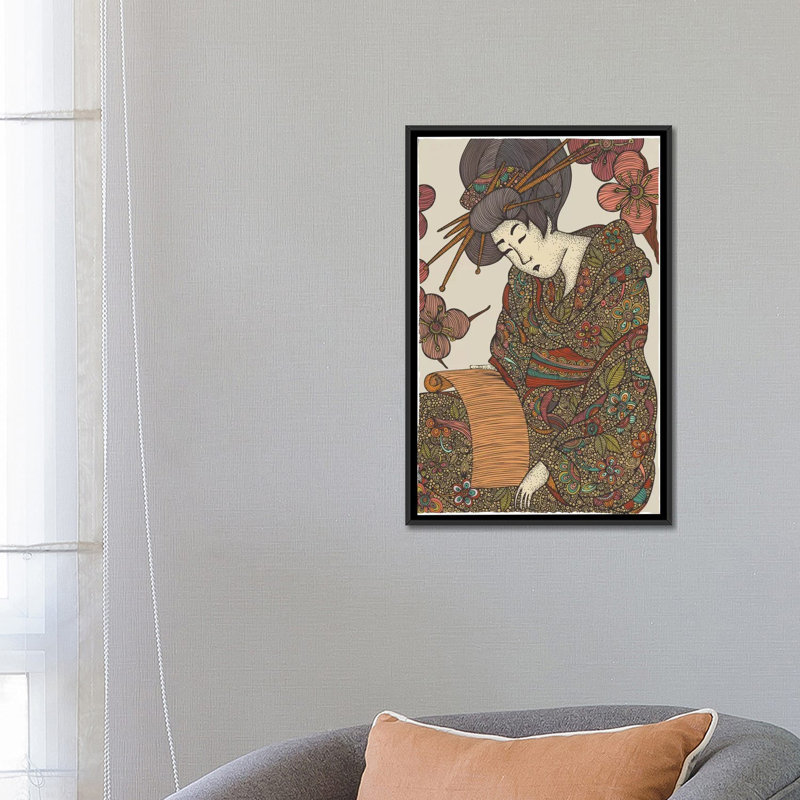 Geisha, impression sur toile tendue, H 26 po x l 18 po x P 1,5 po, Toile avec cadre noir