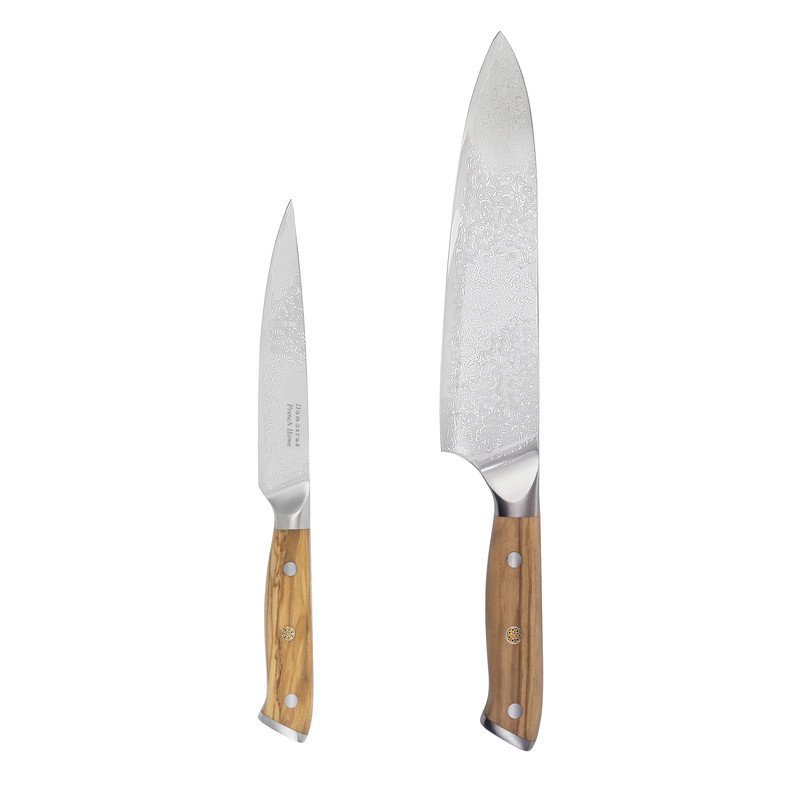 Ensemble de 2 couteaux French Home en acier de Damas avec manches en bois d'olivier