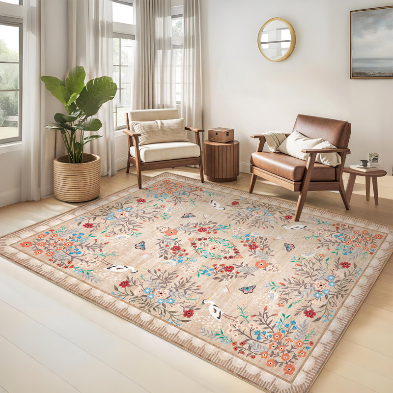 Floral Area Rugs for Living Room Bedroom, Washable Non Slip Vintage Floor Rugs Large Low Pile Oriental Distressed Carpet