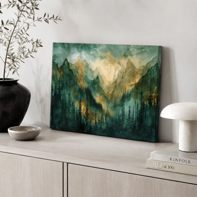 Woodland Forest Landscape Watercolor Green Mountain Forest Sunrise Landscape Modern Extra Large Canvas Print Wall Art