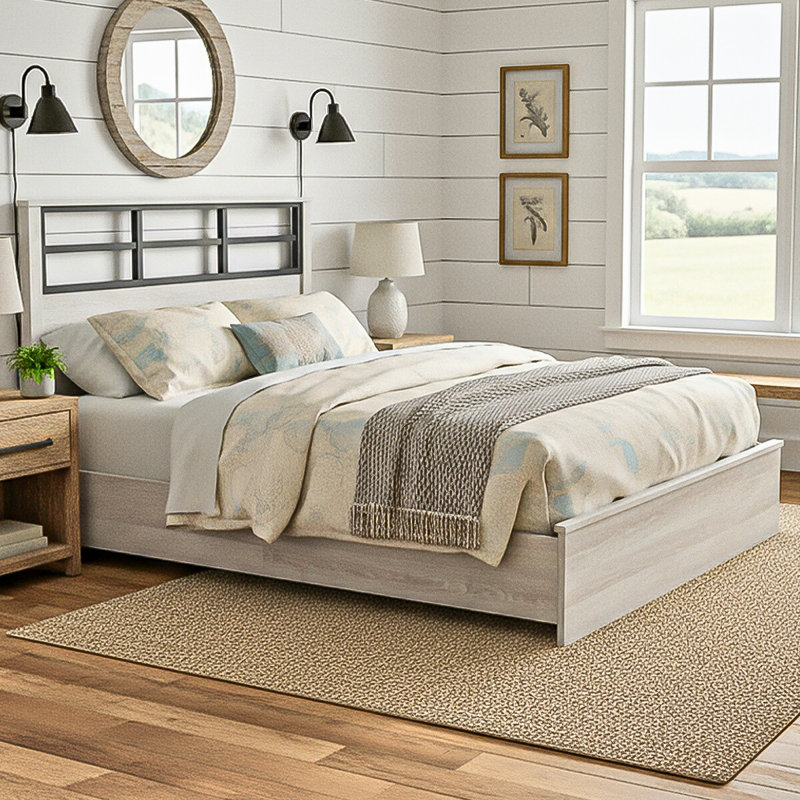 Liora Grace Modern Farmhouse Platform Bed Frame with Windowpane Headboard, 800lb Capacity, and Wood Slat Support (No Box Spring Required)