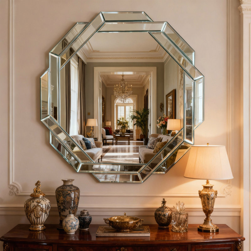 29.92" Octagonal Living Room Mirror, Beveled Edge Frameless Wall Mirror For Wall Decor, Bathroom, Dining Room And Hallway