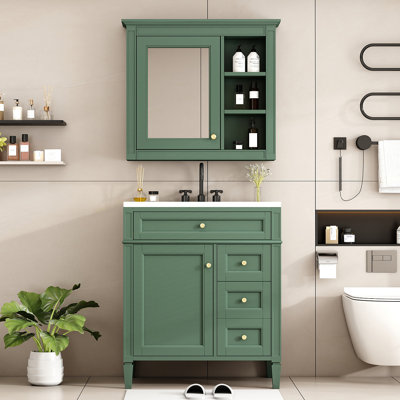 Ensemble de meuble-lavabo autoportant 30 po avec lavabo supérieur, meuble-lavabo moderne avec 2 tiroirs et un tiroir basculant, meuble-lavabo autoportant avec miroir et meuble-lavabo simple
