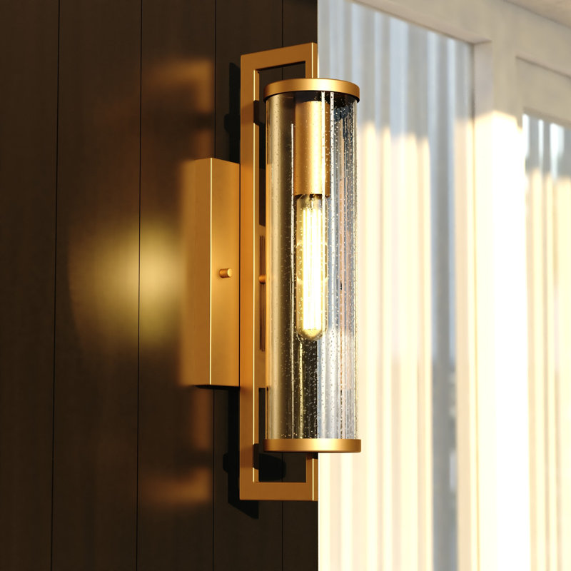 Dunston Natoli 1 - Light Seeded Glass Outdoor Armed Sconce with Dusk to Dawn, 16" H x 4.25" W x 7" D, Warm Brass